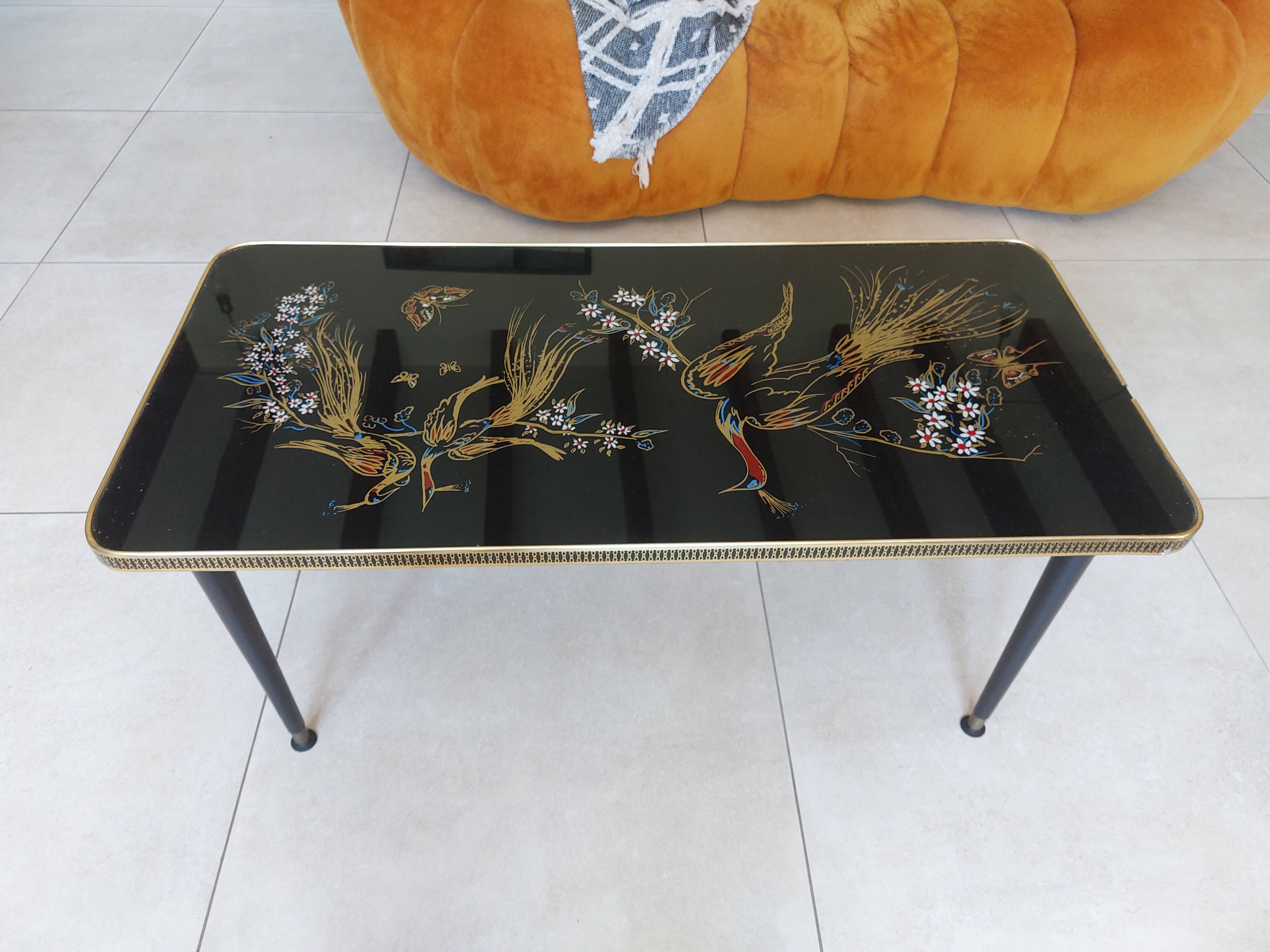 Japanese patterned coffee table, tapered legs and brass, vintage.