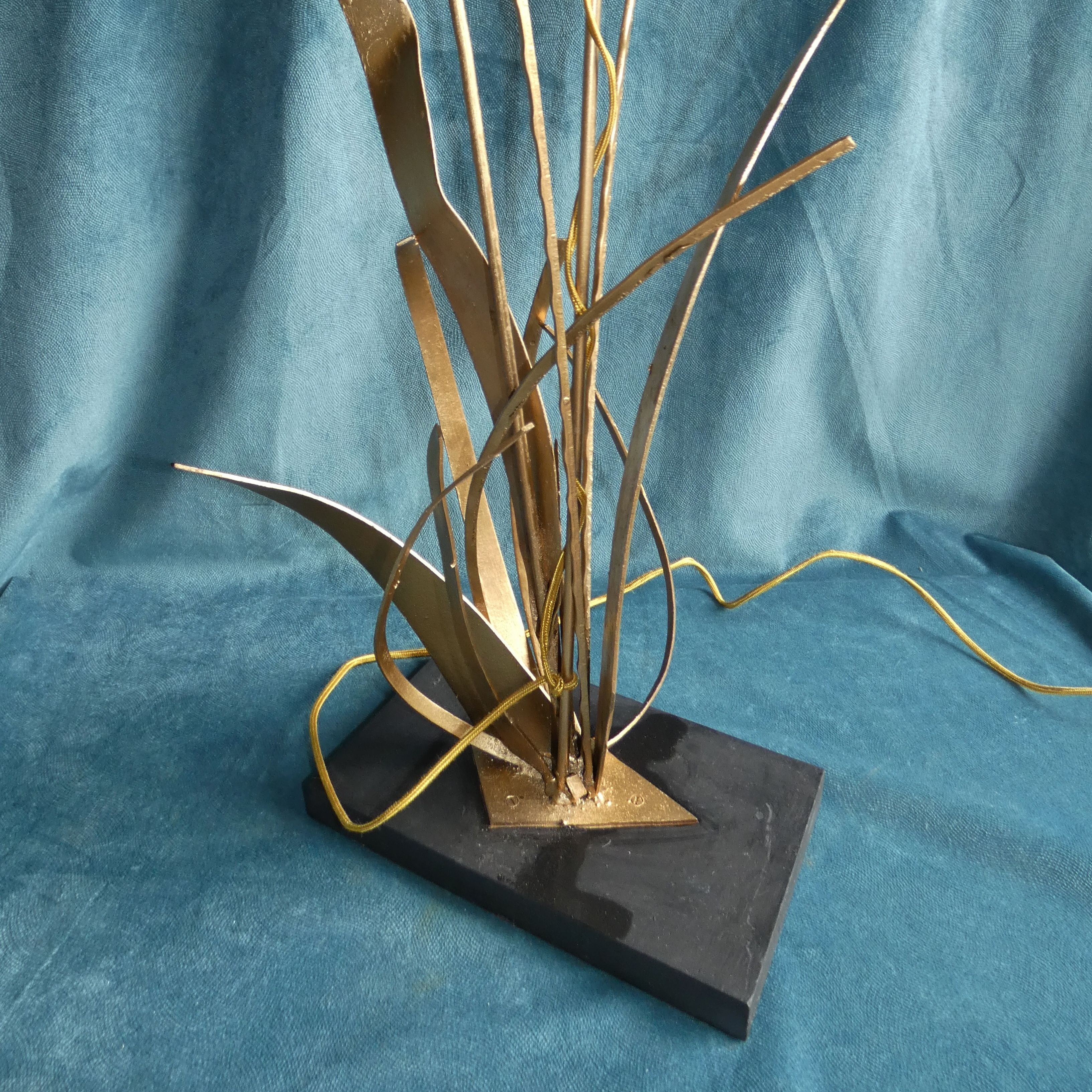 Pair of Golden Metal Lamps Reeds Work circa 1960 1970 Hollywood Regency