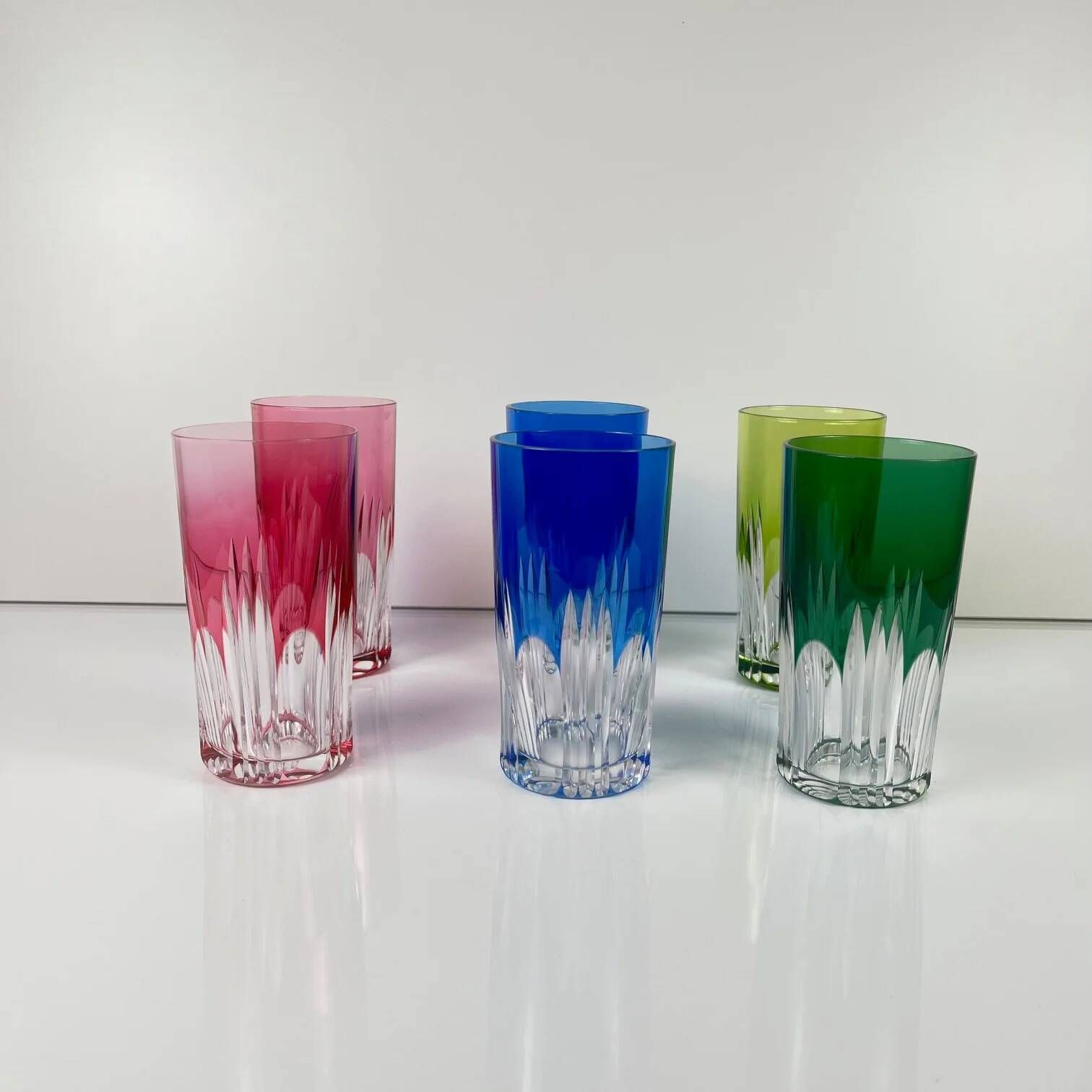 Set of 6 coloured double crystal long drink glasses, 1970s, Eastern Europe.