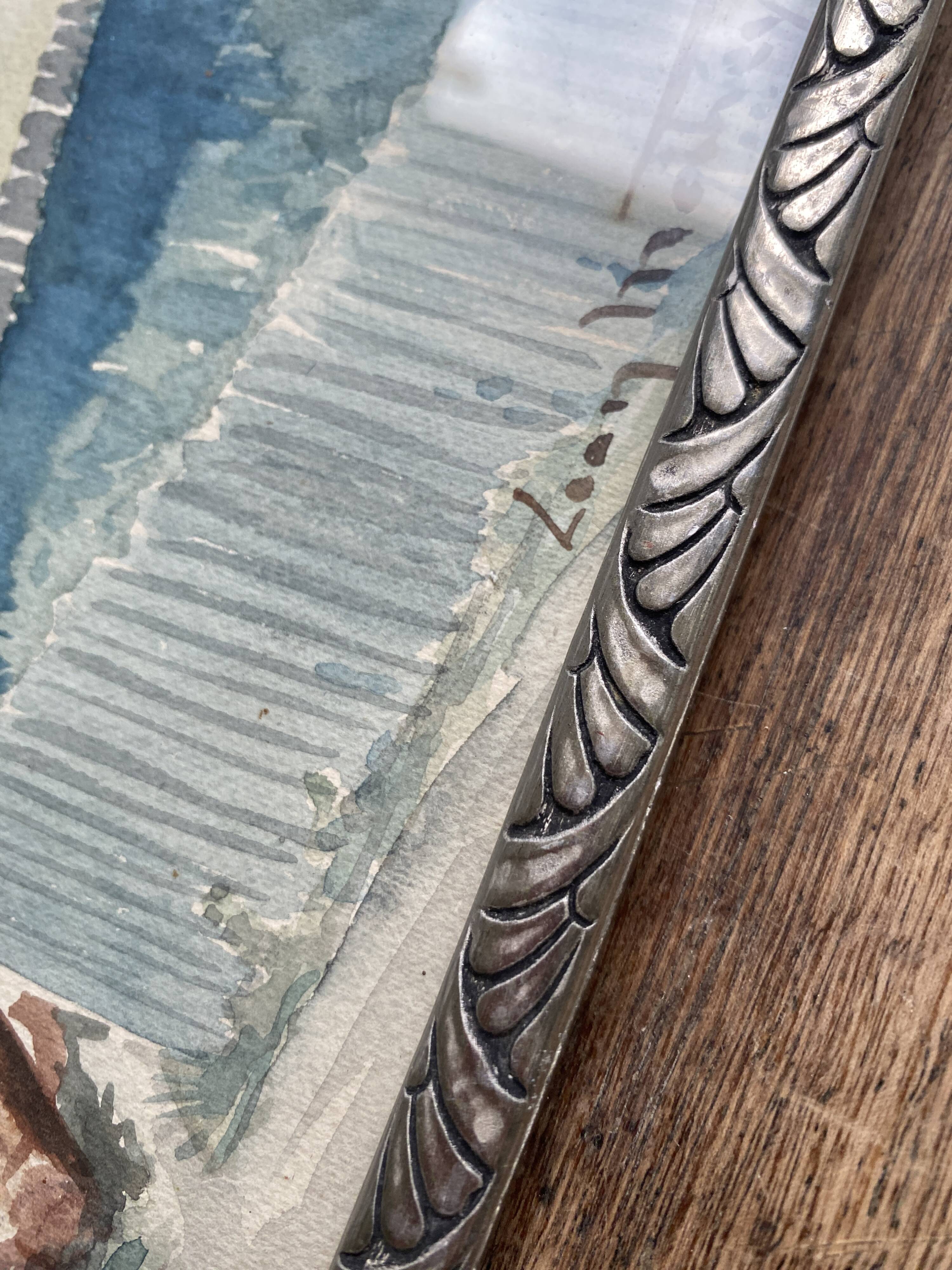 Aquarelle 1920, cadre bois sculpté argenté