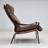 1970s, Scandinavian lounge chair, nubuck leather, canvas, beech wood.