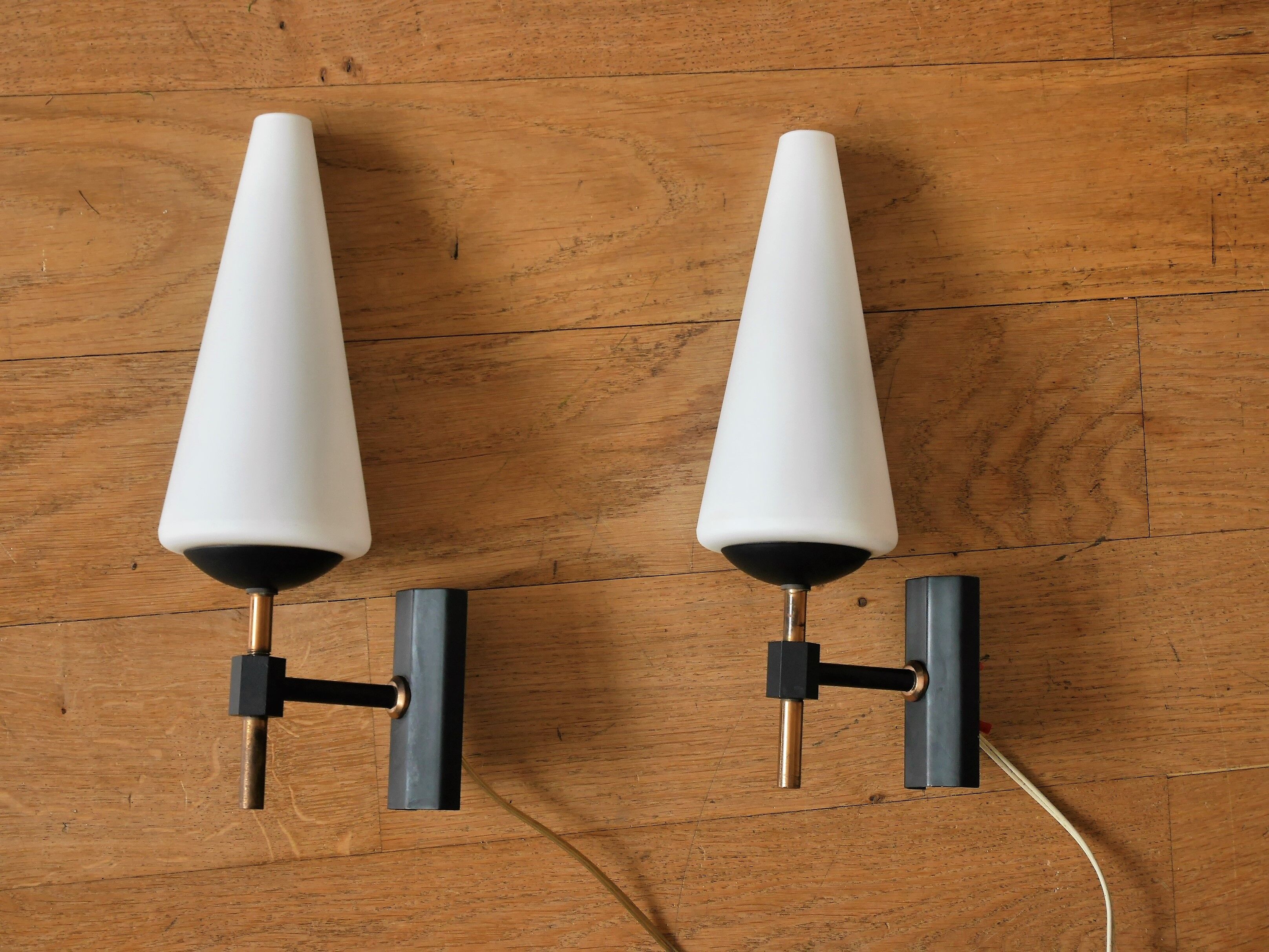 Pair opaline and brass wall lamps 50s