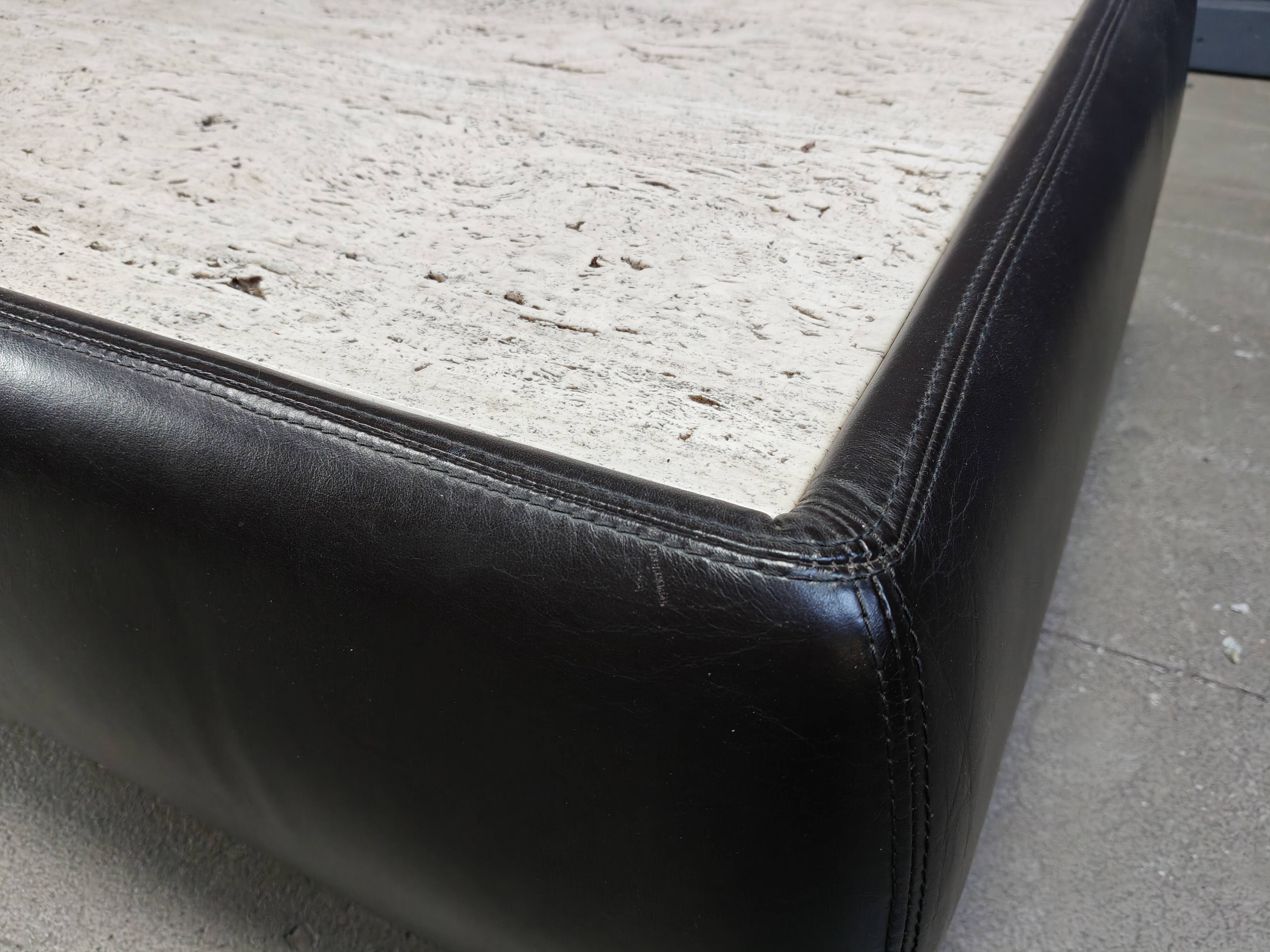 Leather and travertine coffee table attr to Desede, 1970s
