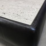 Leather and travertine coffee table attr to Desede, 1970s