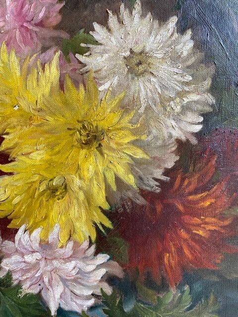 Ancient painting, dead nature with dahlias, signed, dated, late 19th century