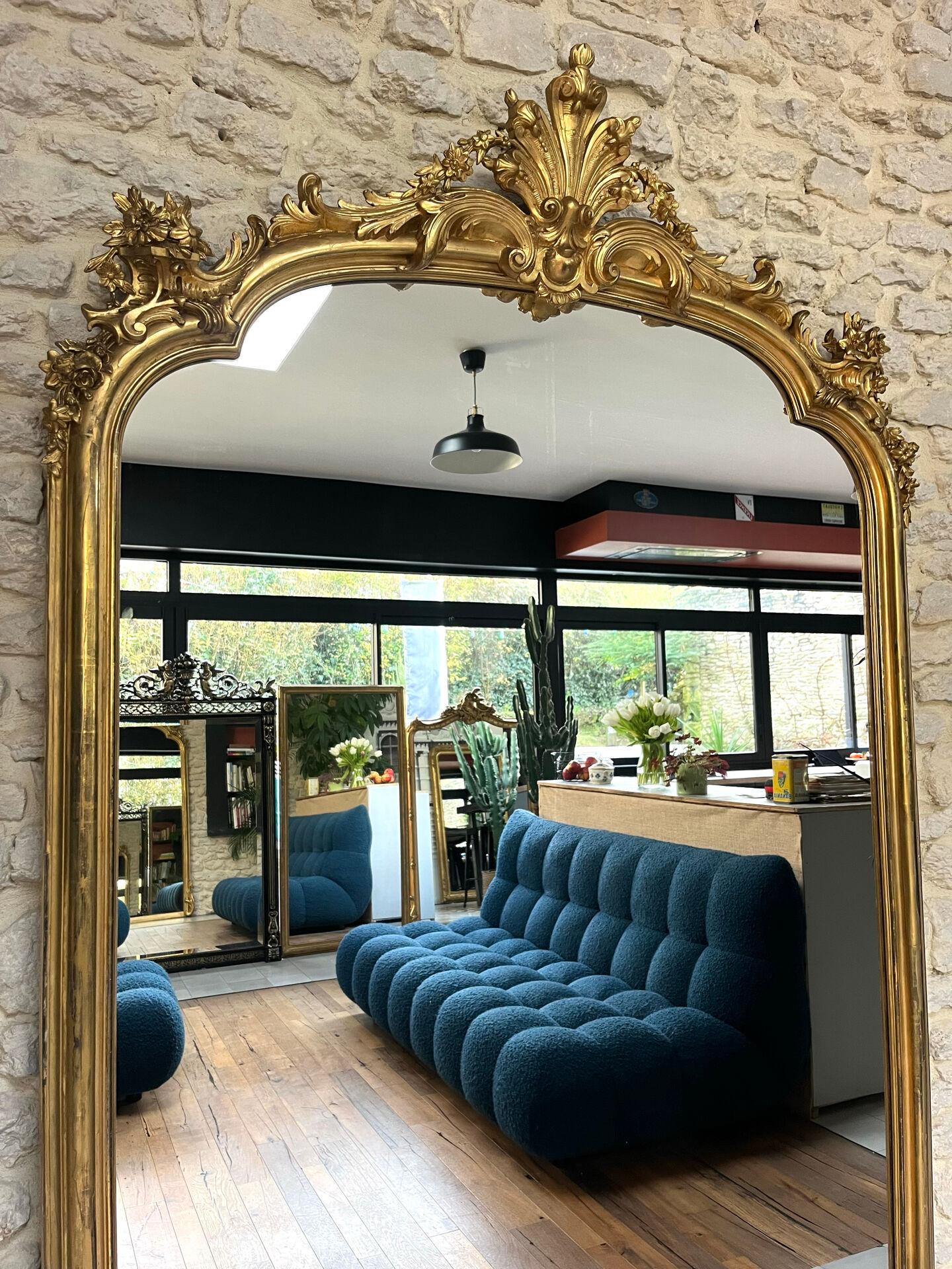 Gold leaf mirror with pediments, 219/131cm, overmantel.