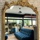 Gold leaf mirror with pediments, 219/131cm, overmantel.
