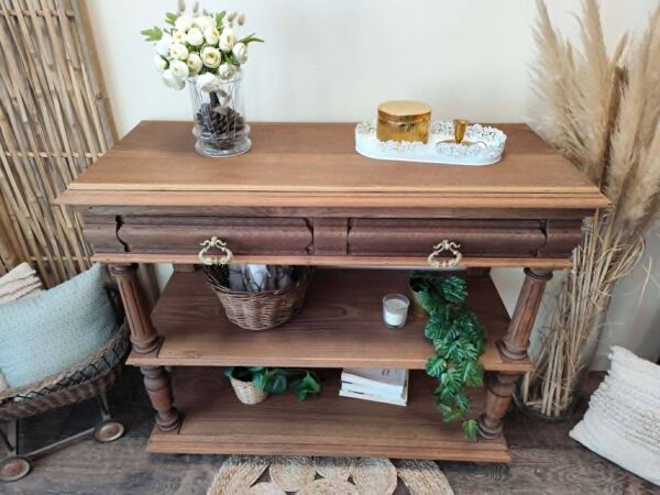 Desserte console etagere sur pied meuble d'appoint chene massif