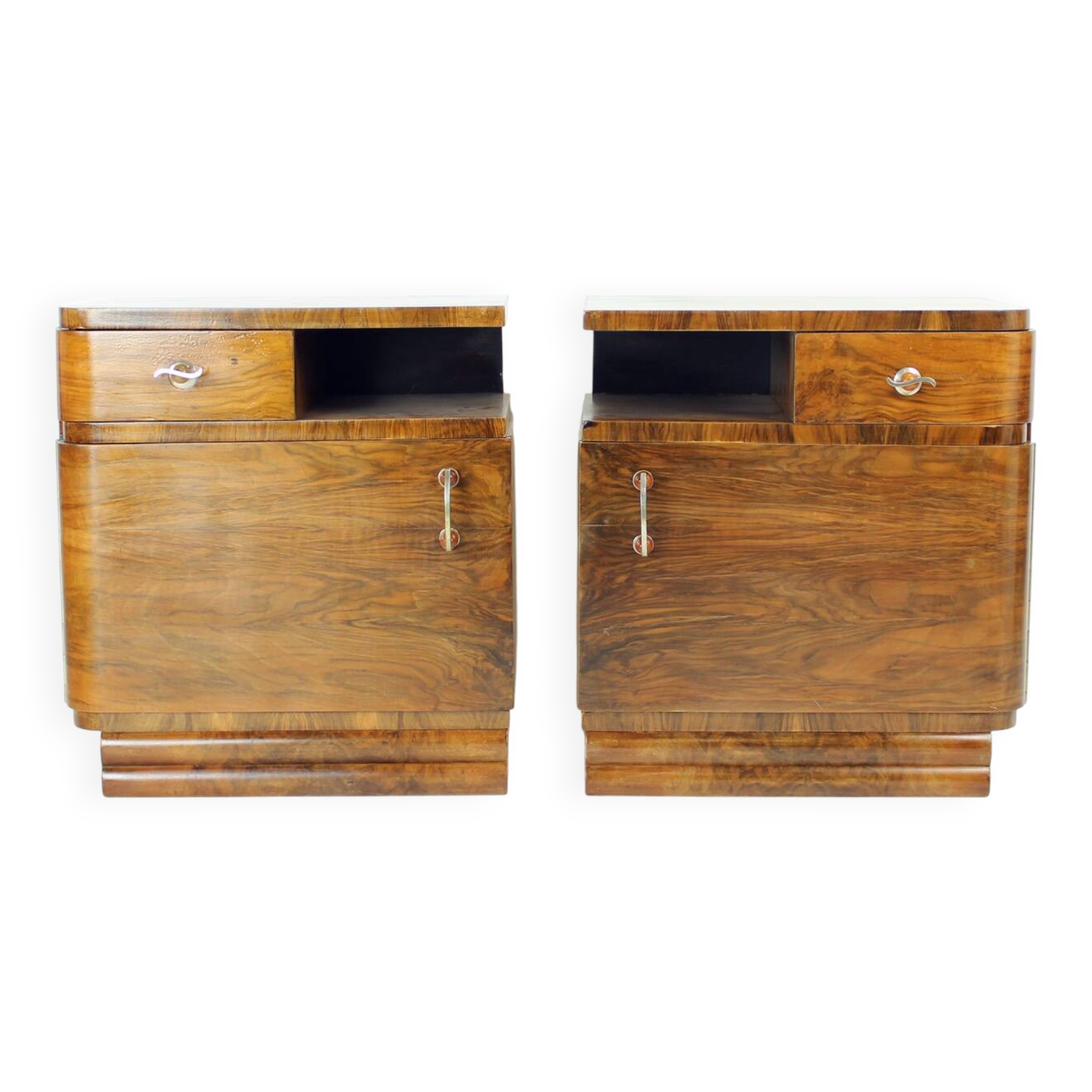 Pair Of Art Deco Bedside Tables In Walnut, Czechoslovakia 1930s
