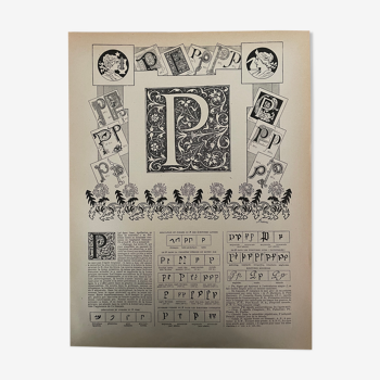 Lithographie gravure alphabet lettre P de 1897