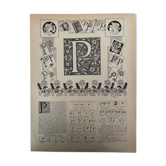 Lithographie gravure alphabet lettre P de 1897