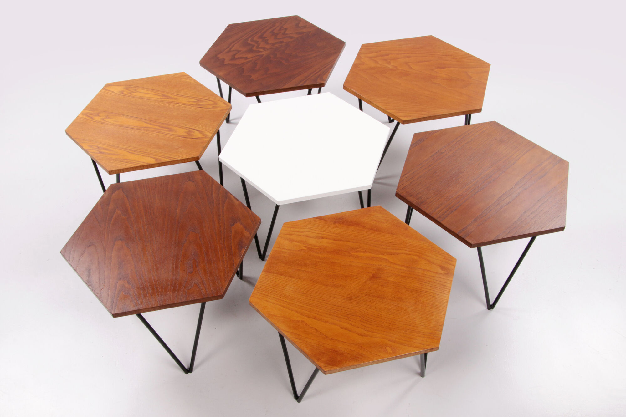 Gio Ponti Set of 7 hexagonal coffee table by ISA Bergamo, 1950 Italy.