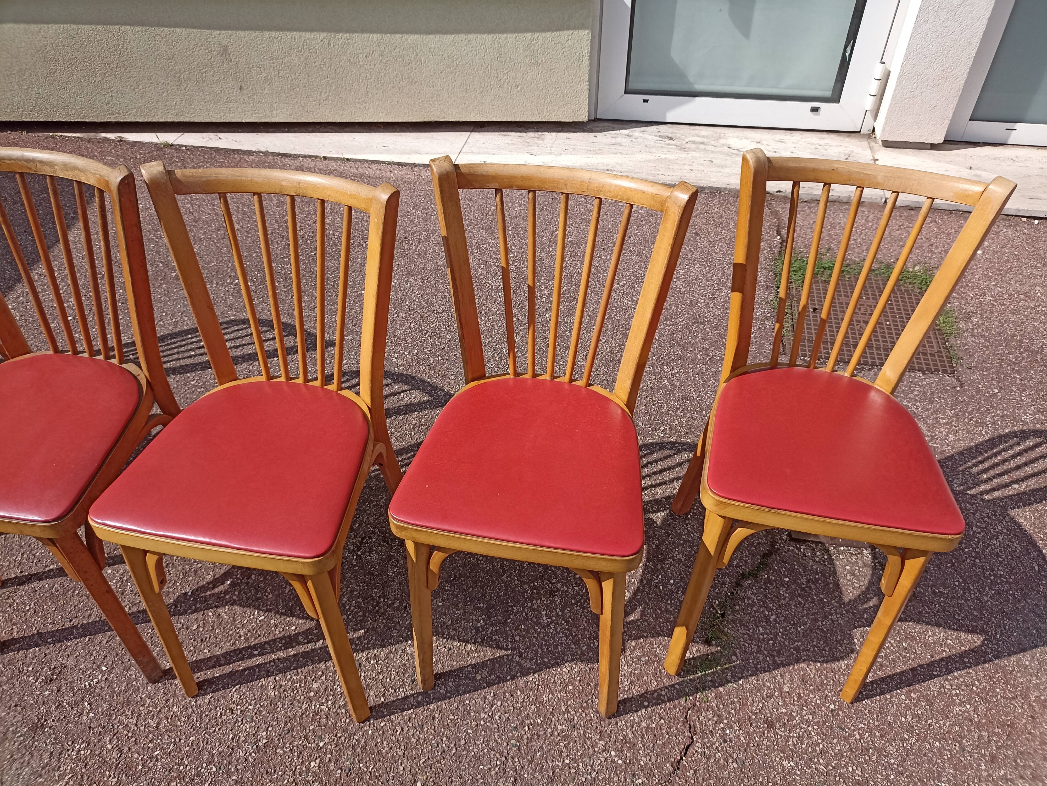 6 baumann bistro chairs wood and skaï red - vintage