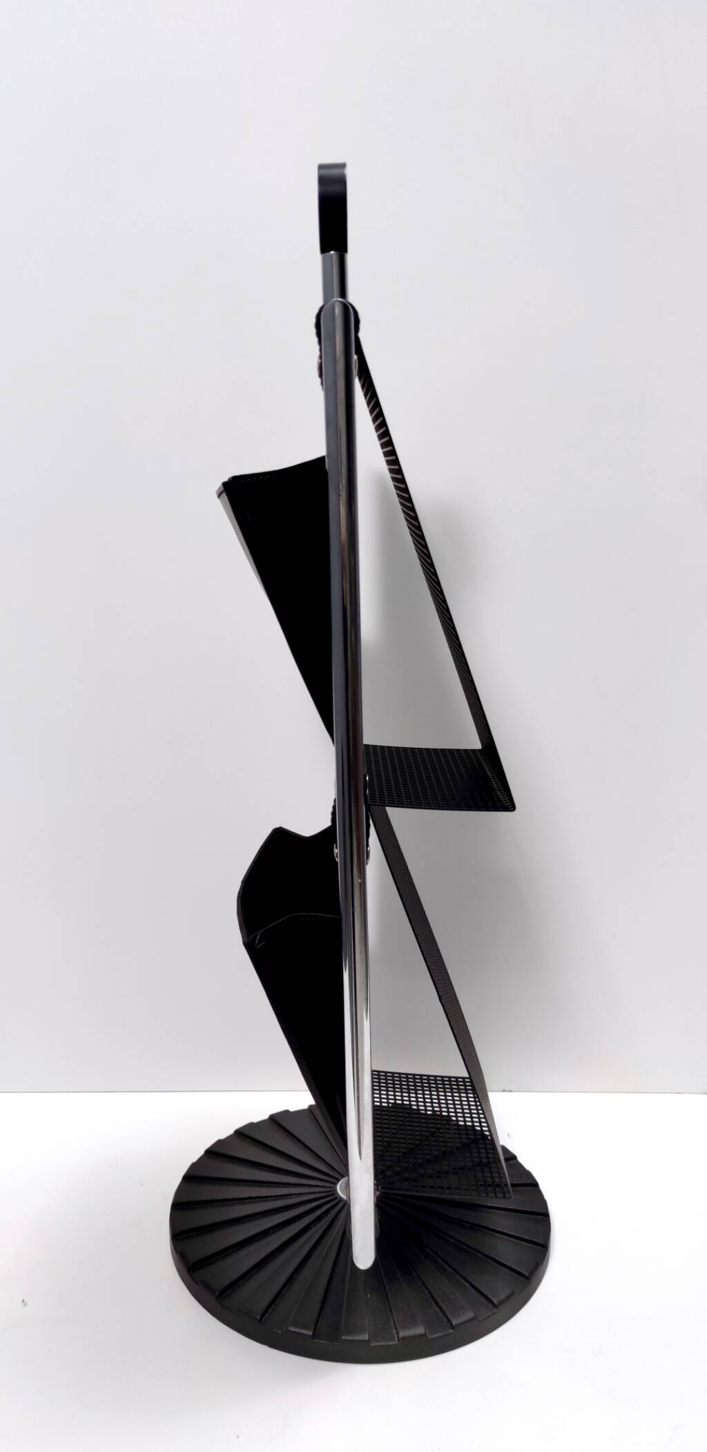 Black Leather and Chrome-Plated Metal Magazine Rack by Salmistraro, Italy