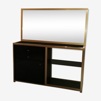 Console set and its mirror, black and gold, 80s