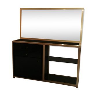 Console set and its mirror, black and gold, 80s
