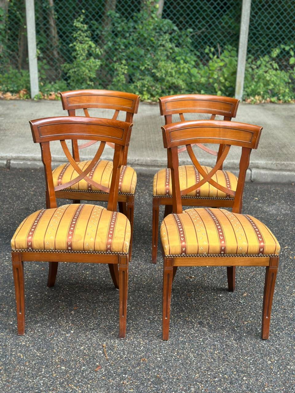 4 Matignon chairs by René Trotel in solid cherry wood and yellow fabric from the 1960s.