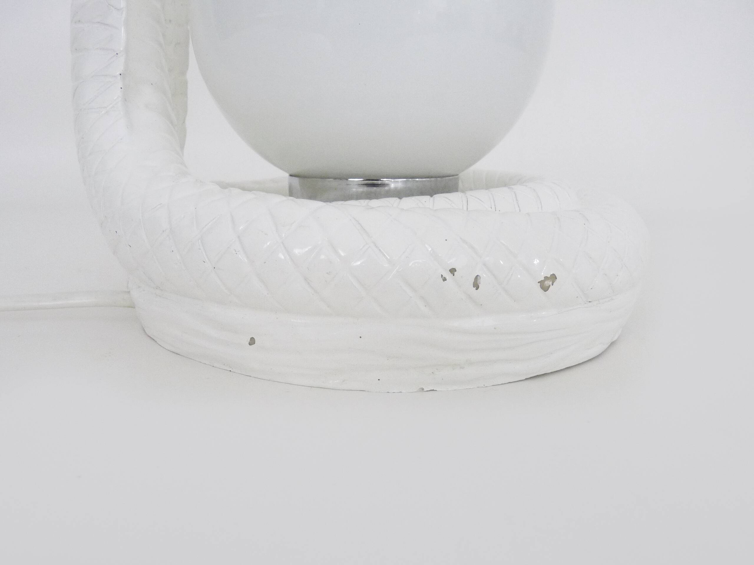 Vintage White Cobra Snake Lamp in Ceramic and opaline globe. 80 years