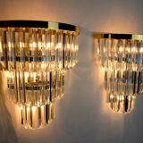 Pair of Venini wall lamps, 3 levels, triedri crystals, Italy, 1970
