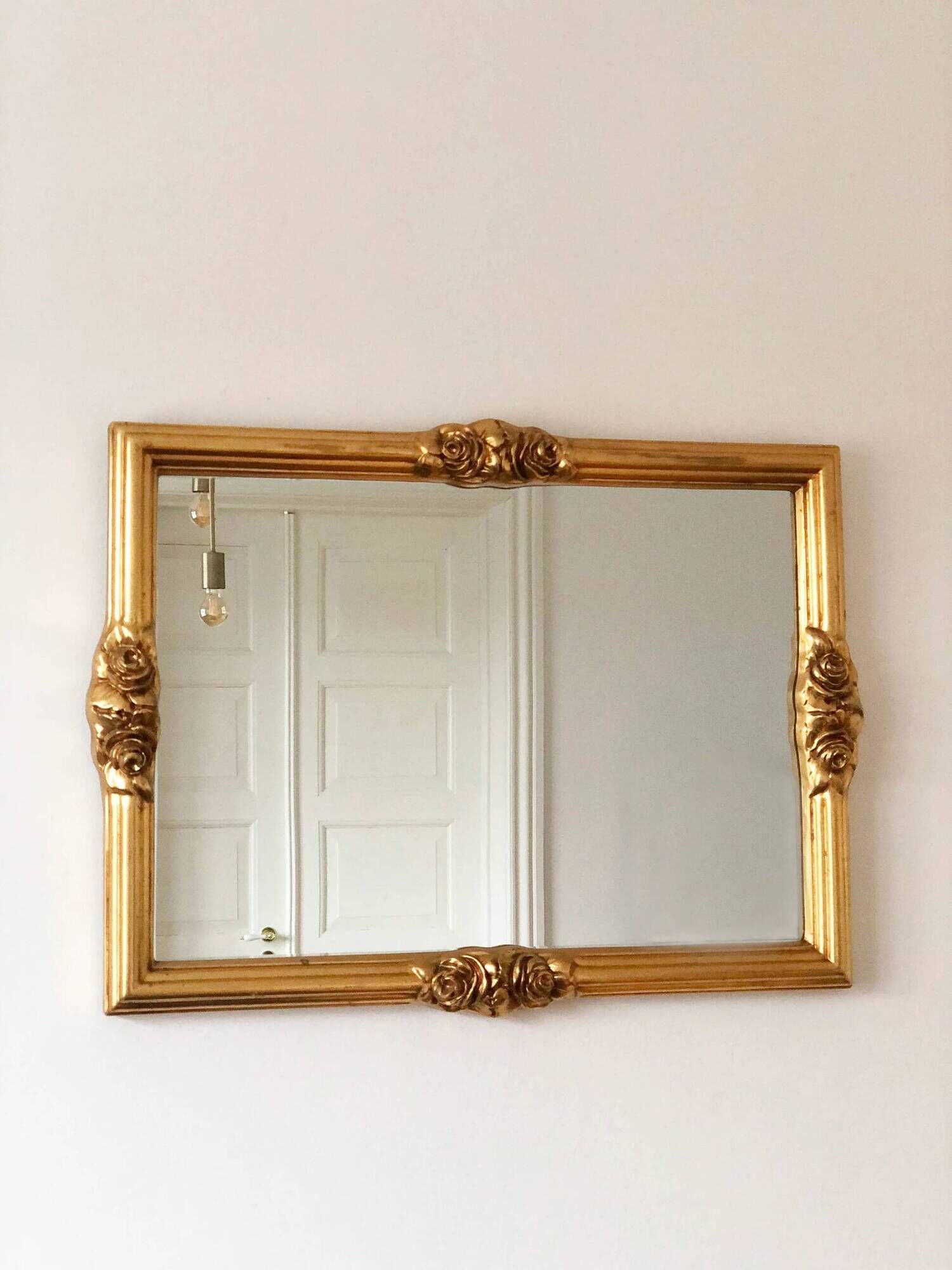 Vintage rectangular giltwood bevelled mirror with rose accents