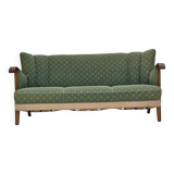 Canapé danois 3 places des années 1950, tissu en laine d'ameublement vert/beige, bois de chêne.