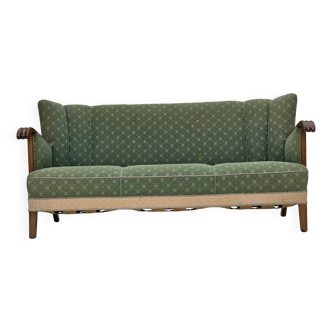 1950s, Danish 3-seater sofa, green/beige furniture wool fabric, oak wood.