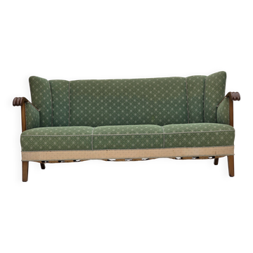1950s, Danish 3-seater sofa, green/beige furniture wool fabric, oak wood.