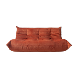 3-seater Togo orange velvet sofa designed by Michel Ducaroy 1973