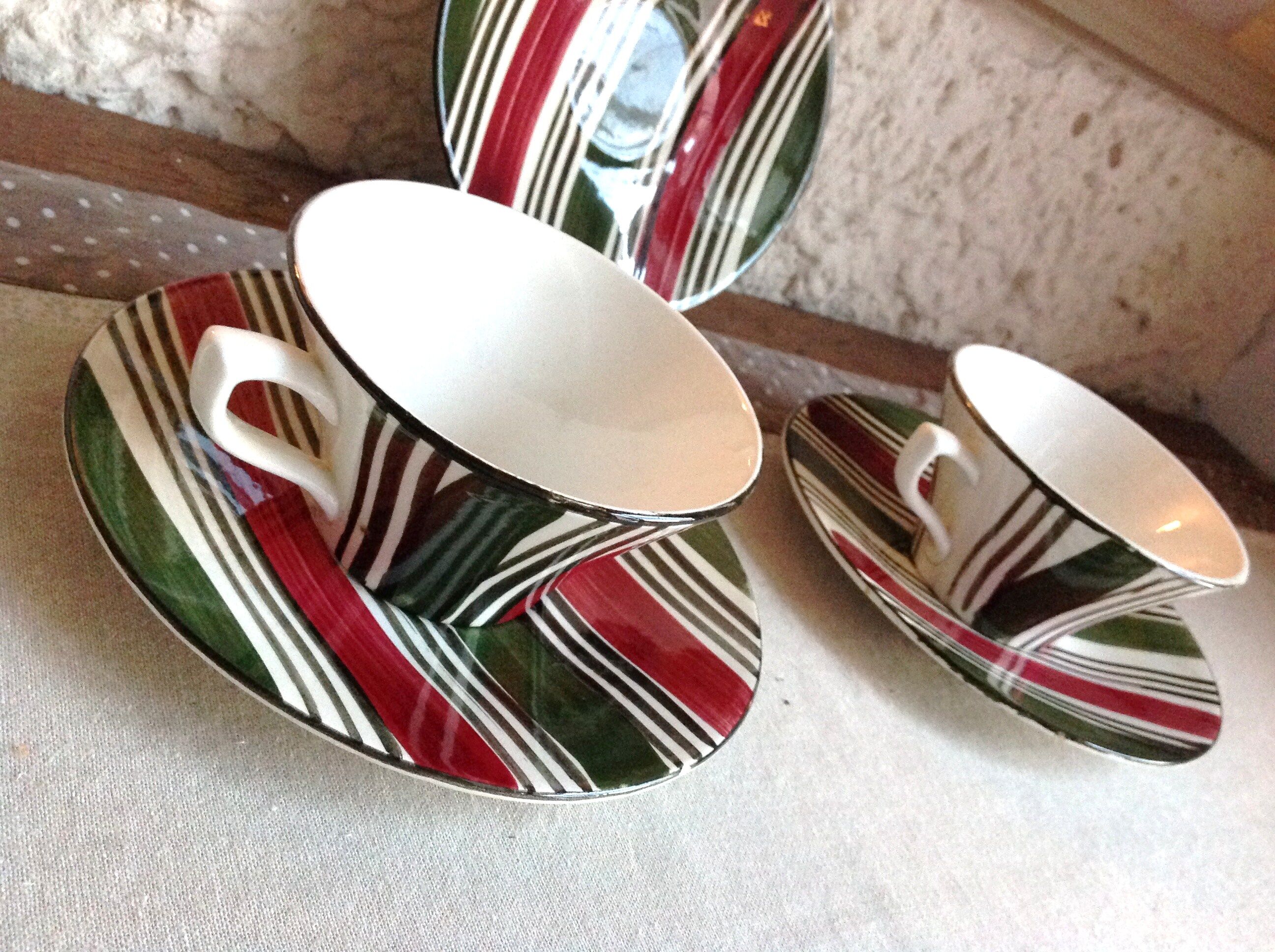 Cups and saucers polychrome Sarreguemines decoration Feria, vintage 30s-50s