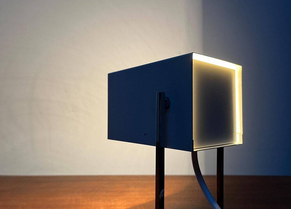 Mid-century minimalist German table lamp in cube by Kaiser Idell Leuchten, 1960s.