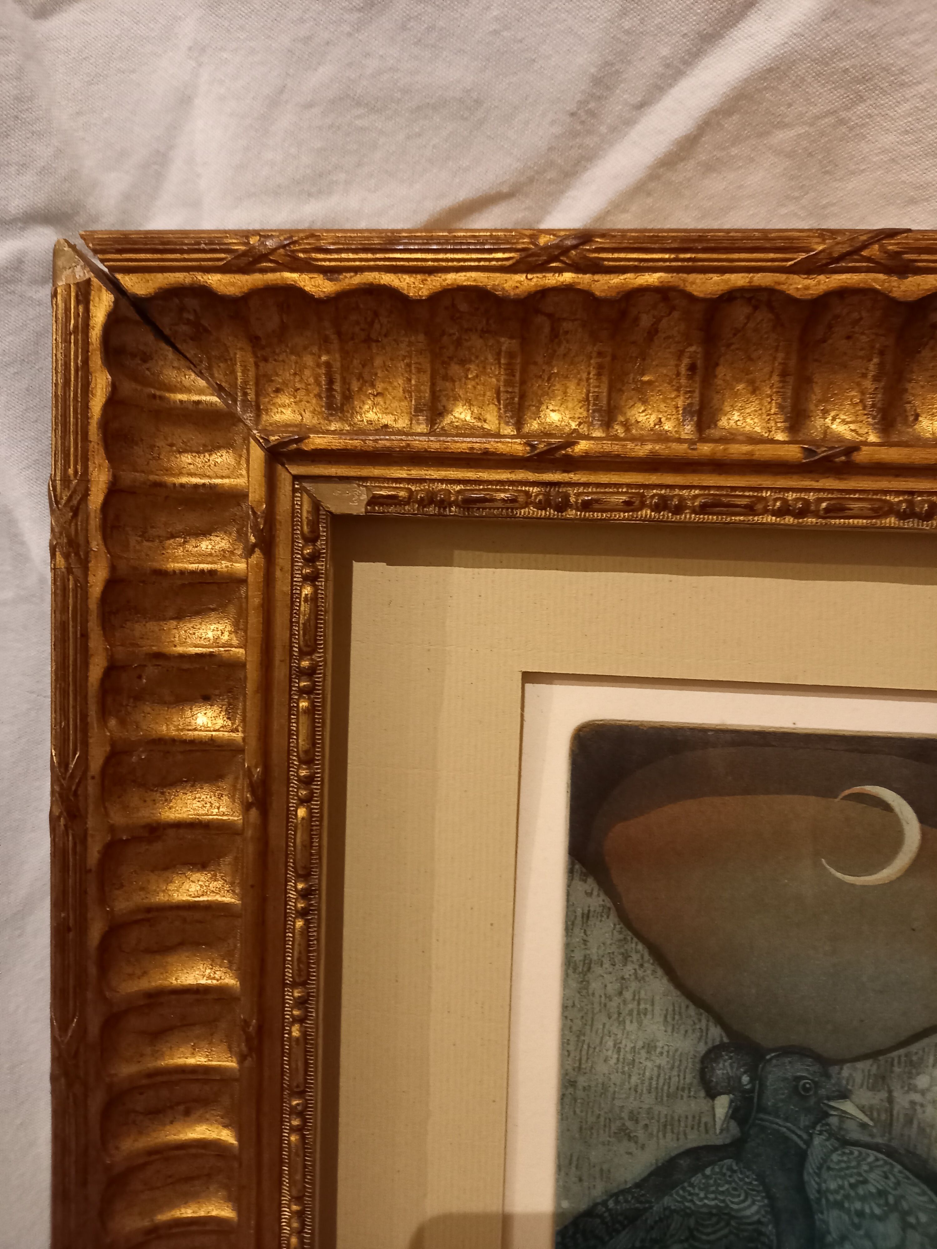 "tenderness of birds", original lithograph by Gilles Nicolas, framed, gilded wood.