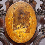 Pair of walnut chairs with Edelweiss marquetry, Brienz Switzerland 1900