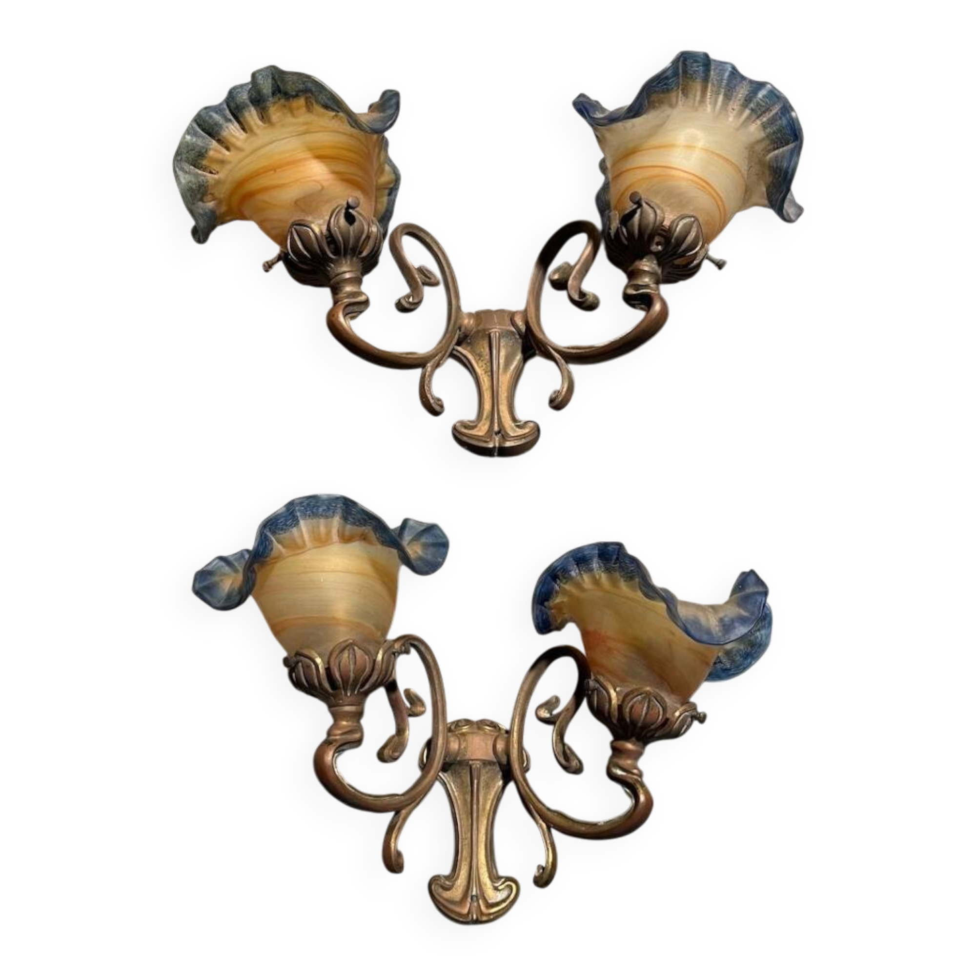 Pair of glass paste wall lights in Art Nouveau style signed Viamme.