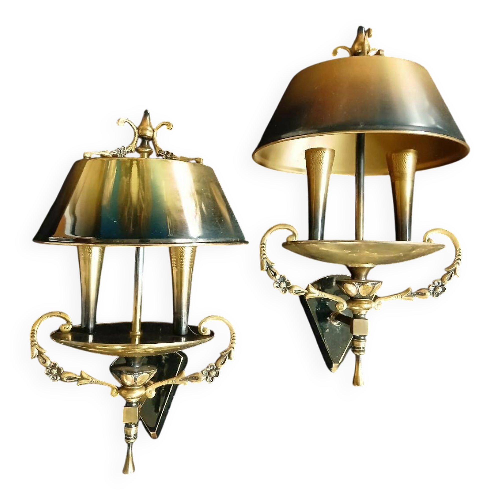 Empire bouillotte lamp wall sconces in tole and gilded bronze