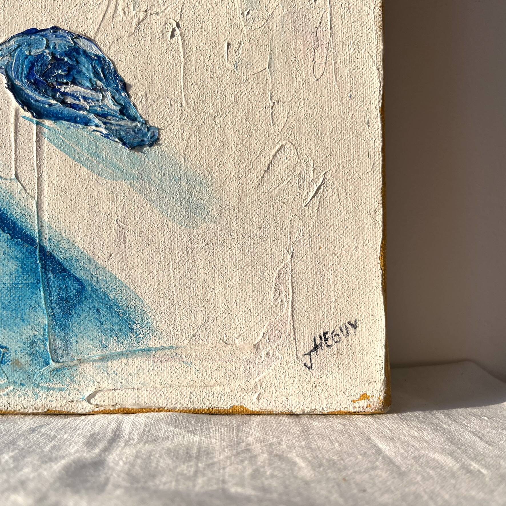 Contemporary still life with flowers, blue flowers, J. Heguy