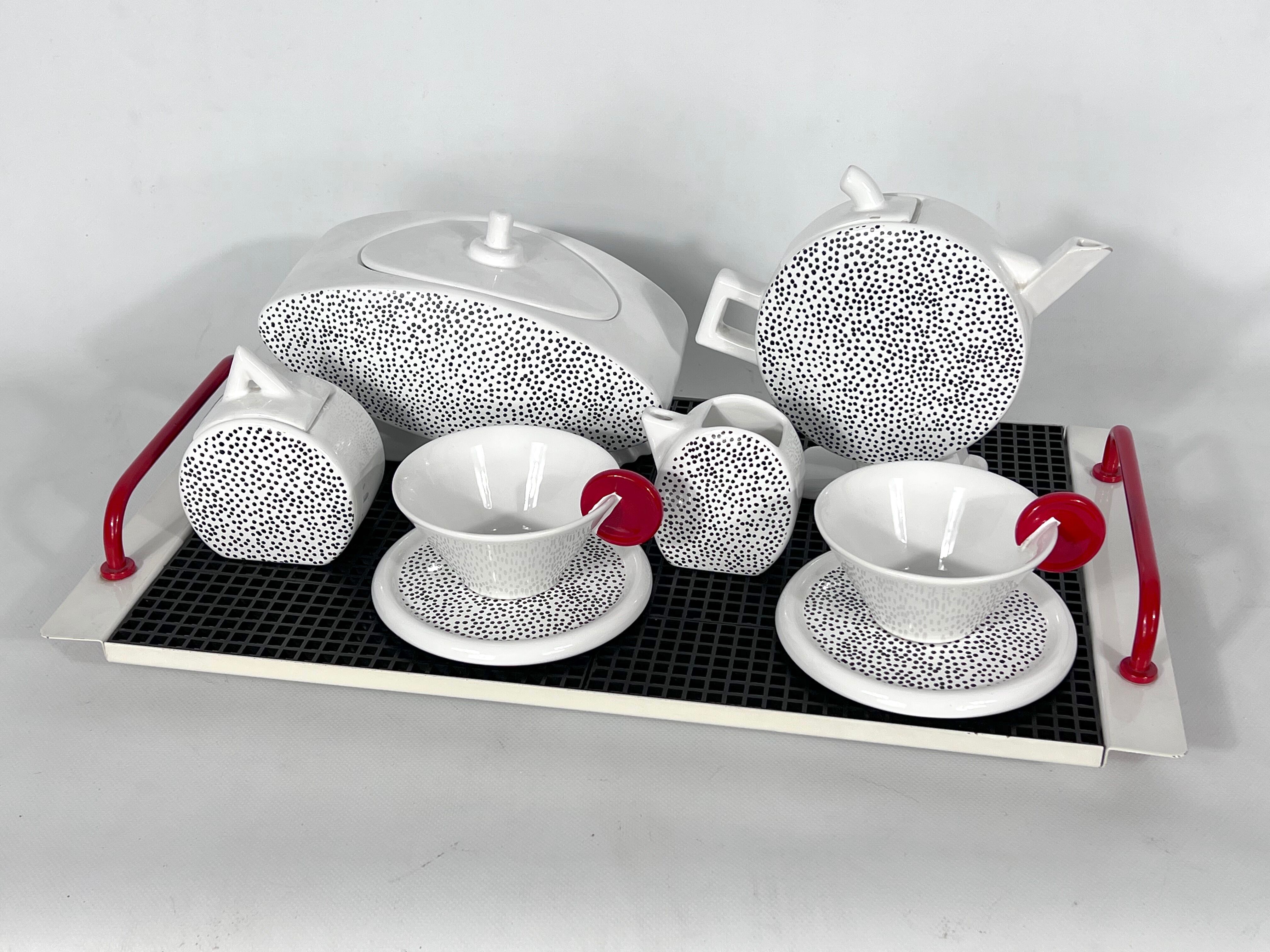 Ceramic tea set by Mas in the Memphis Milano style, 1980s, Set of 7