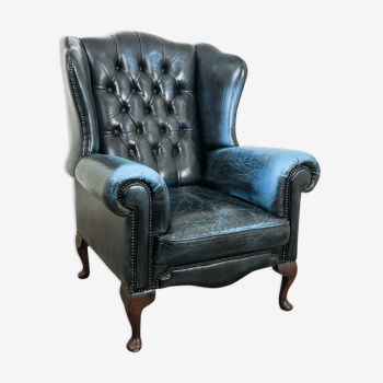 Vintage blue leather chesterfield armchair