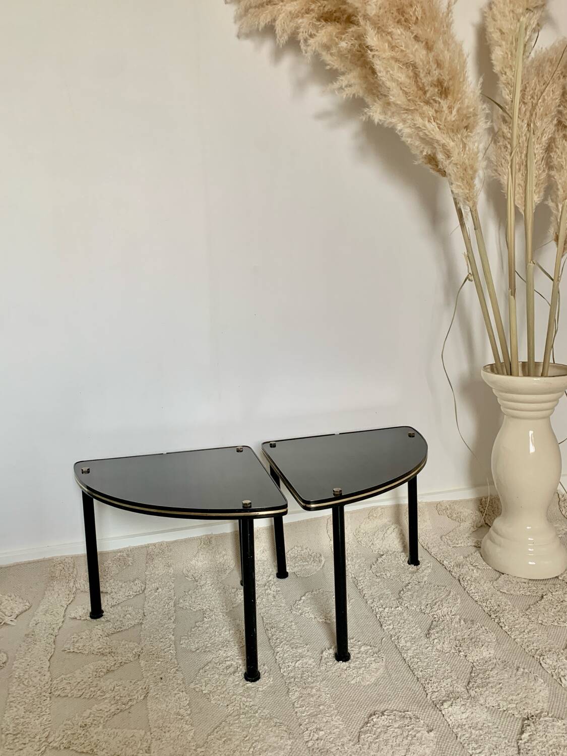 Pair of vintage 1960s side tables – wood veneer & brass, metal legs