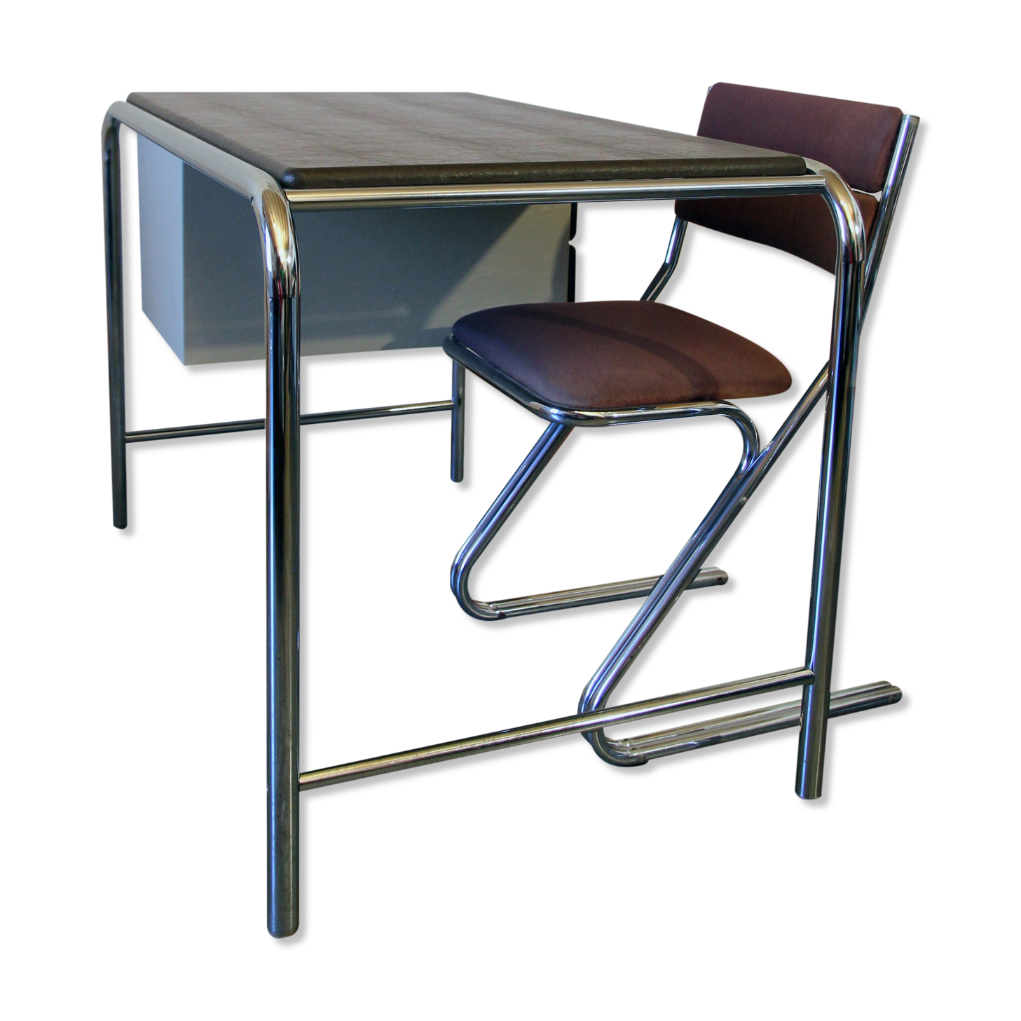 Ensemble Bureau et Chaise Inox Années 70