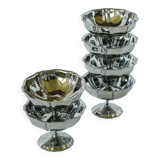 Set of 6 small, very elaborate stainless steel bowls with fine legs, mid-height, Design, 1970