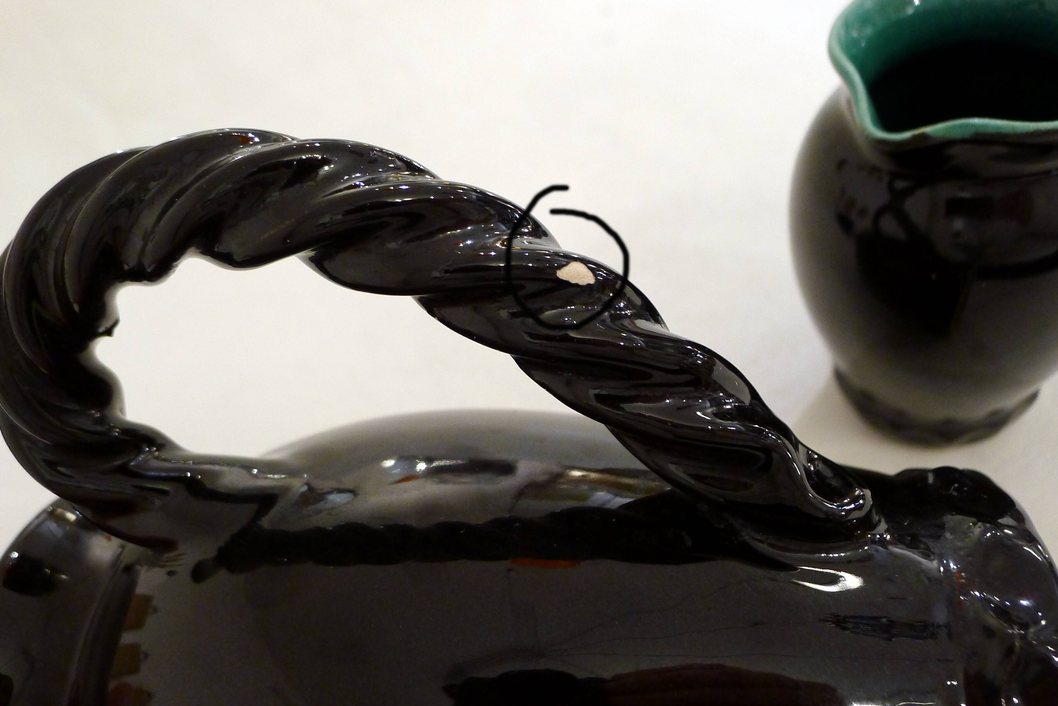 Set of 2 pitchers with braided handles, in Grandjan-Jourdan Vallauris earthenware, 1950