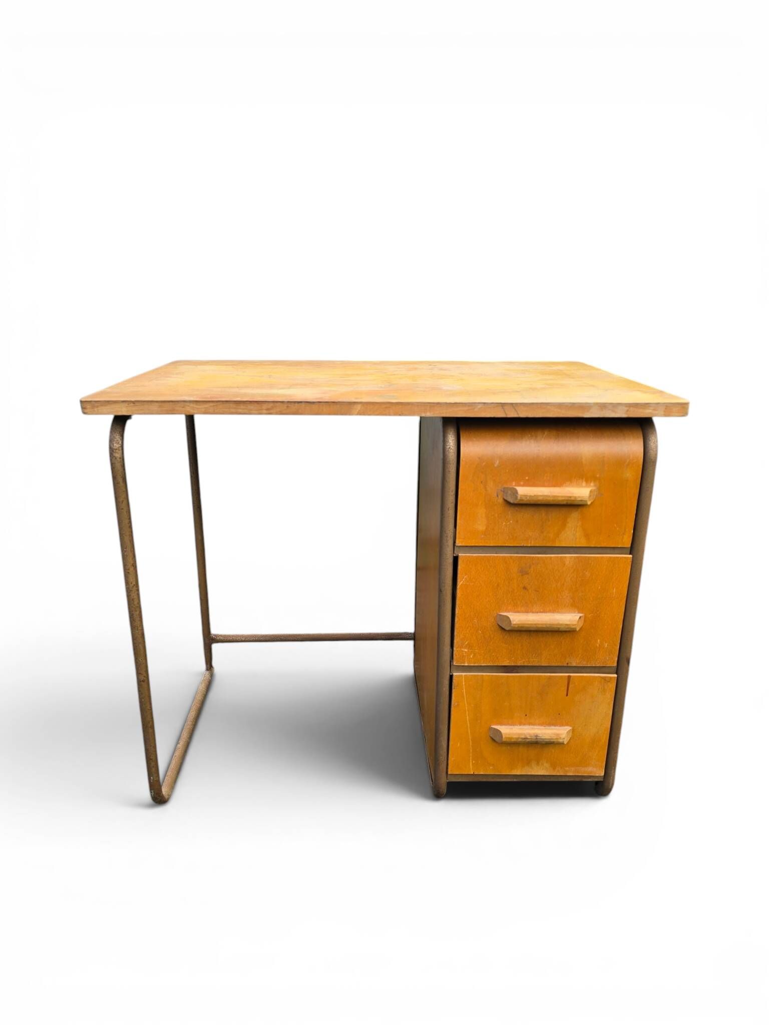 Vintage 1950s desk made of wood and metal with a 3-drawer unit.
