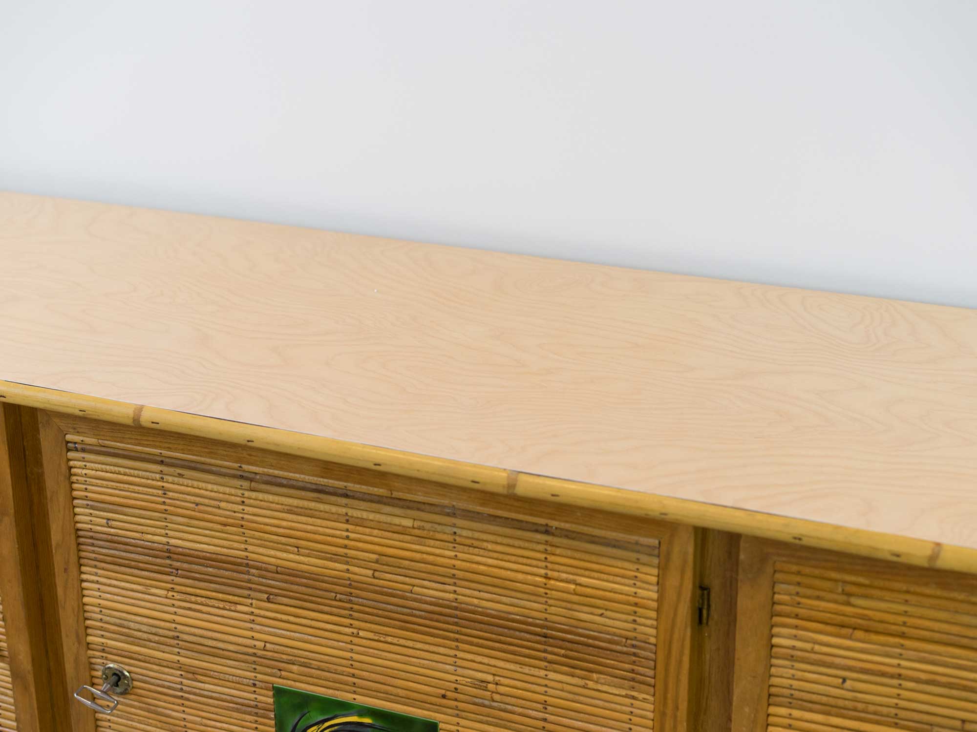Rattan sideboard, Vallauris tiles, 1950s