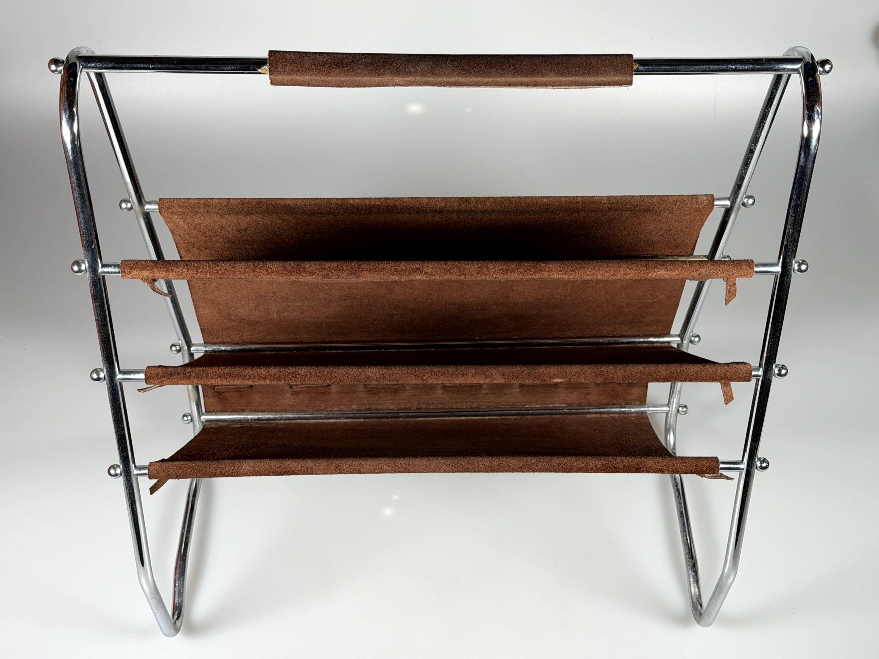 Porte-journaux et porte-revues en métal et cuir design du milieu du siècle des années 60 et 70