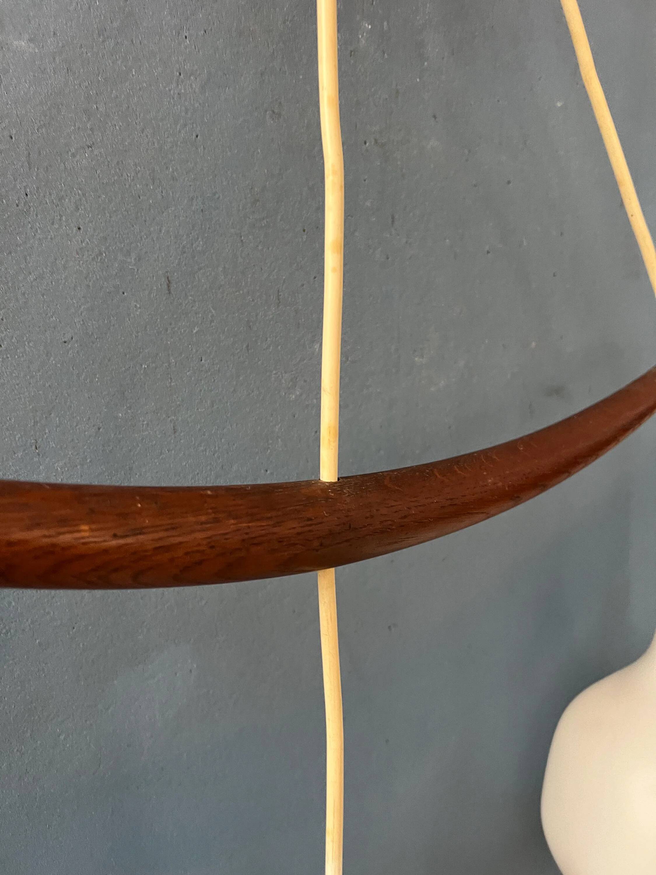 Teak wood and opaline glass chandelier 512 by Uno & Östen Kristiansson for Luxus, Sweden