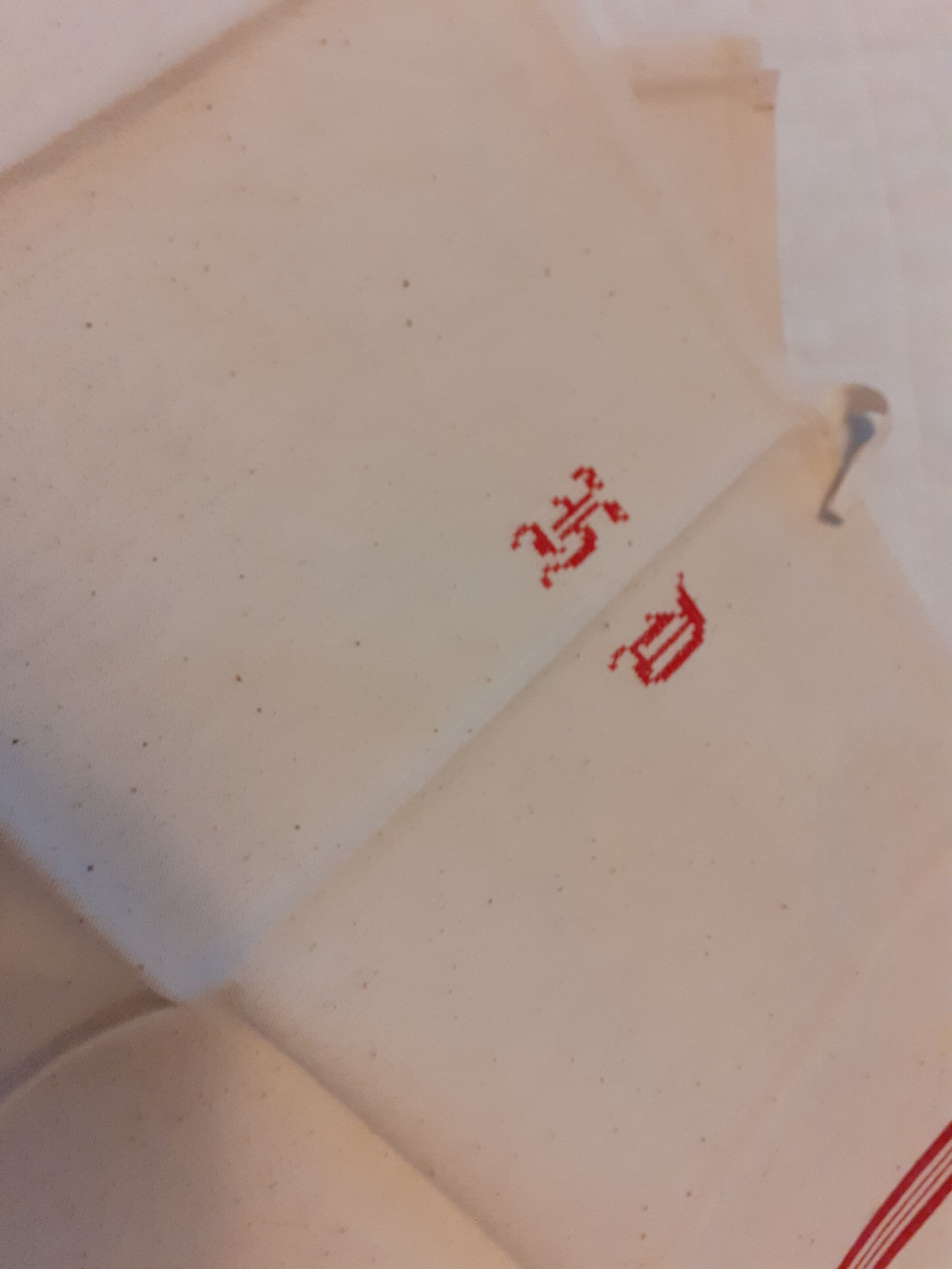 3 Old mestizo linen and cotton tea towels stripes and red initials cross stitches l3