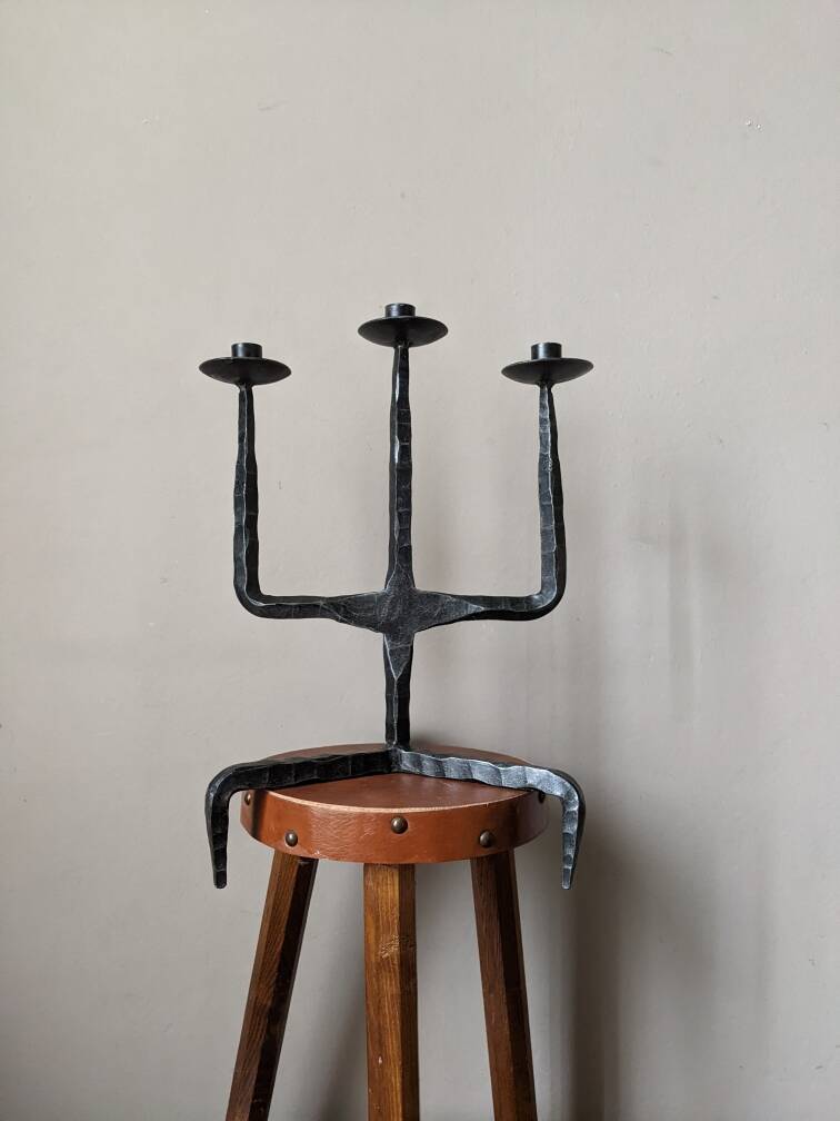 Tripod candlestick wrought iron brutalist design ironwork art candle holder