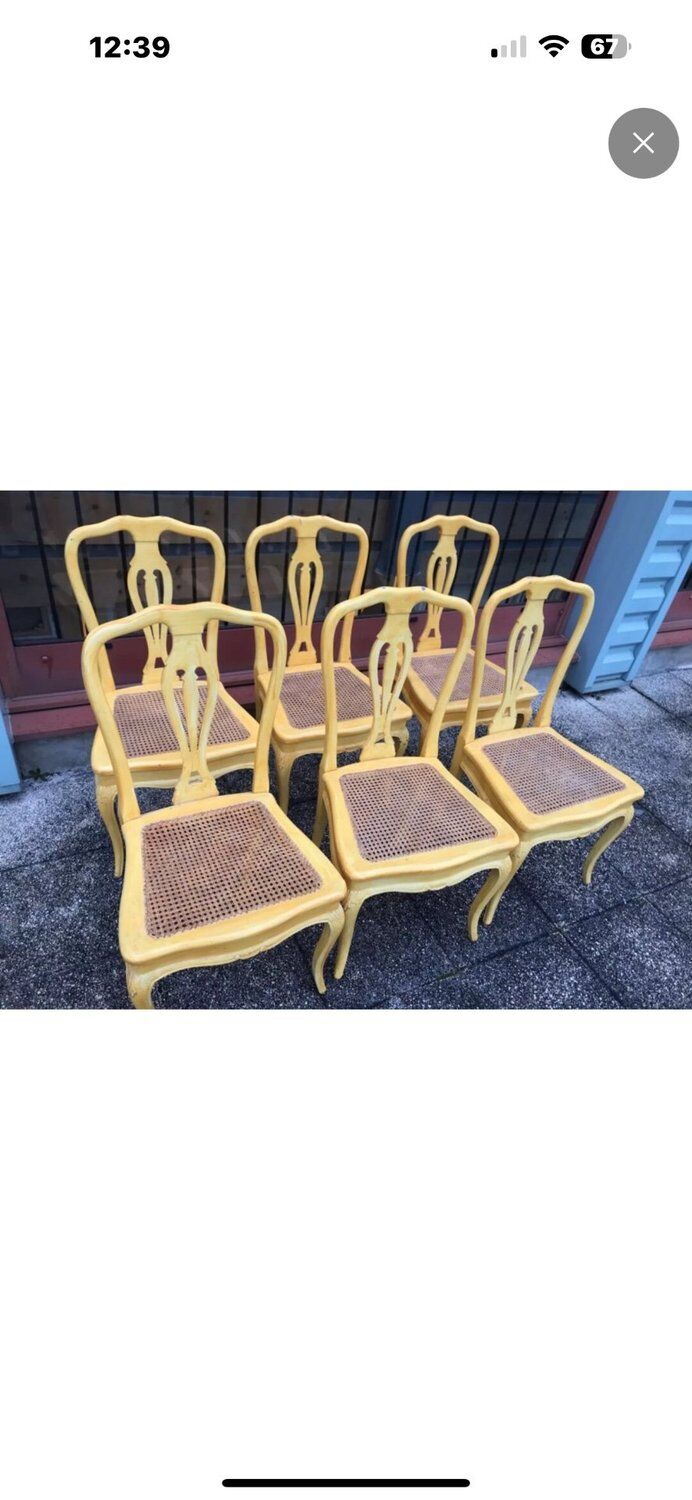 Set of 6 Cane Chairs in Provençal Louis XV Style Pale Yellow Wood