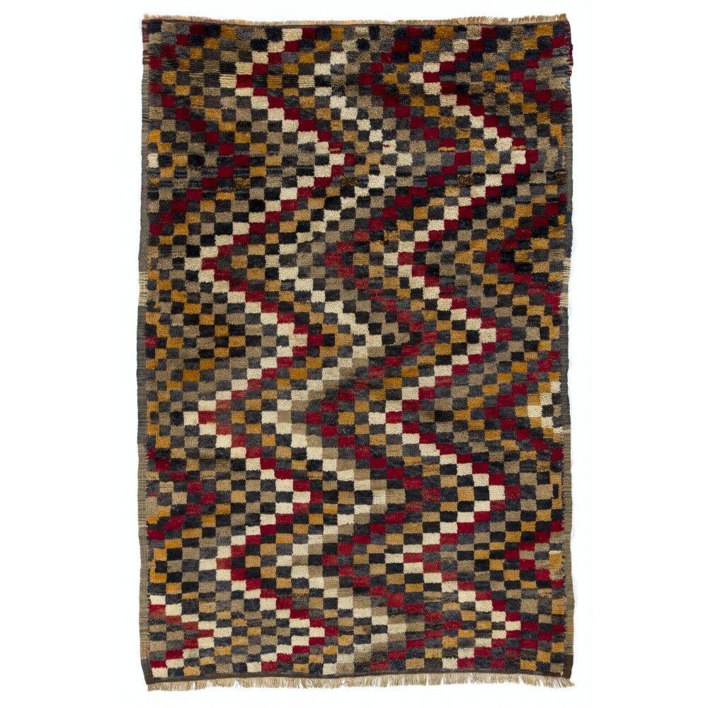 Vintage Hand-Knotted Turkish Tulu Rug with Checkered Zigzag Design in Red, Yellow, Gray and Brown, 100% Wool