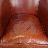 Set of 2 Cognac-Colored Cowhide Leather Club Chairs with Matching Ottoman